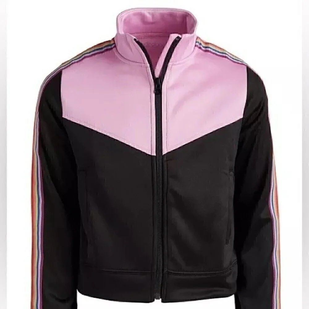 New Ideology Big Girls Rainbow Striped Track Jacket Pink/Black sweater s…